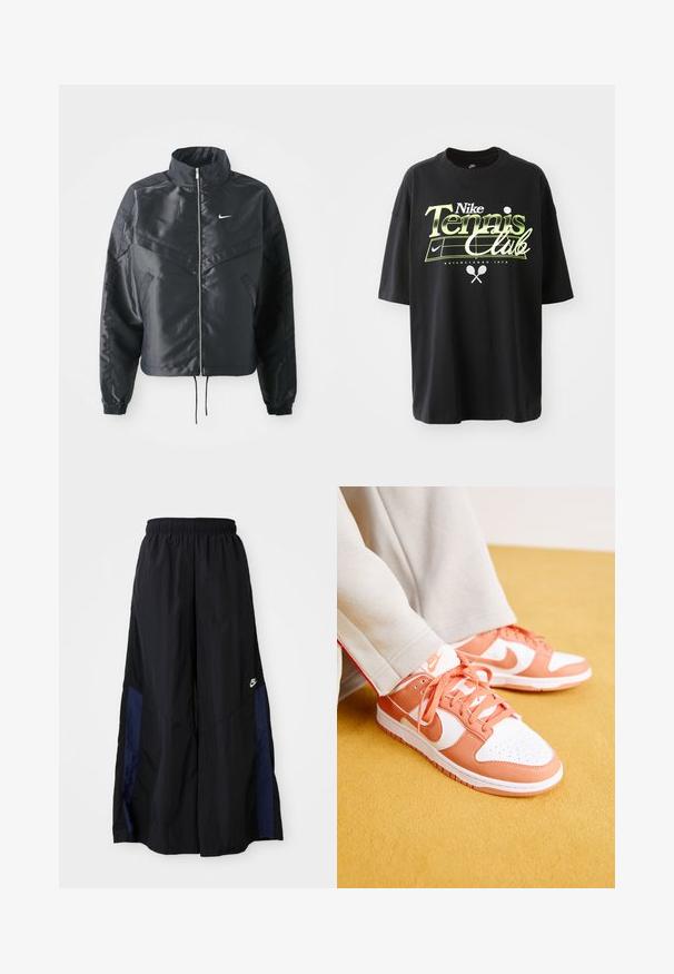 Jachetă croppată neagră cu guler înalt, închidere cu fermoar, manșete din elastan și un logo alb Nike. Material neted, lucios, cu o suprafață ușor texturată.; Tricou din bumbac negru cu mâneci scurte, având un grafic verde și alb cu inscripția "Nike Tennis Club", ilustrații cu o minge de tenis și o rachetă.; Pantaloni negri cu croi larg, confecționați dintr-un material ușor, având un panou lateral albastru marin și un brâu elastic. Logo mic alb în partea de jos.; Adidașii Nike Dunk în alb și coral, cu piele netedă, limbă texturată, perforații pe vârf și șireturi plate de culoare coral.