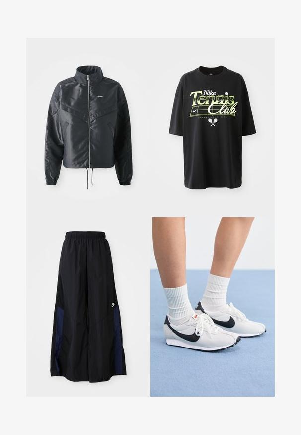 Crna kratka jakna s visokim ovratnikom, zatvaranjem na patentni zatvarač, elastinim rukavima i bijelim Nike logom. Glatka, sjajna tkanina s lagano teksturiranom površinom.; Crna pamučna majica s kratkim rukavima, s grafikom "Nike Tennis Club" u zelenoj i bijeloj boji, ilustracijama teniske lopte i reketa.; Crne hlače širokih nogavica izrađene od lagane tkanine, sa tamnoplavim bočnim panelom i elastičnom stražnjom trakom. Mali bijeli logo je na dnu.; Bijele mrežaste tenisice s crnim akcentima, okruglim vrhom i ravnim gumiranim potplatom. Uparene s rebrastim bijelim čarapama.
