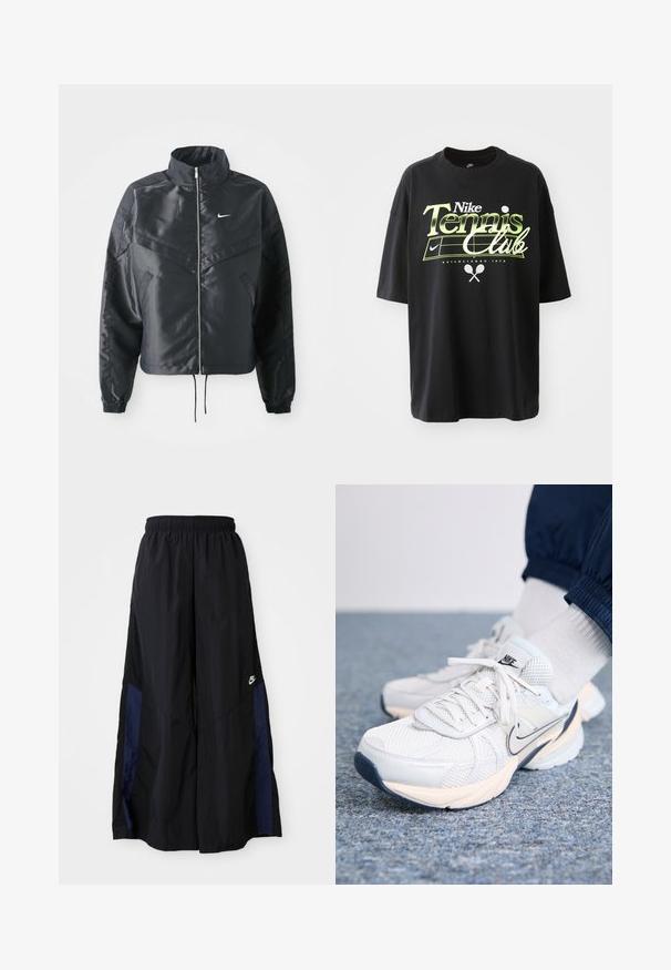 Black cropped jacket with high collar, zip closure, elastane cuffs, and a white Nike logo. Smooth, shiny fabric with a slightly textured surface.; Black cotton t-shirt with short sleeves, featuring green and white "Nike Tennis Club" graphic, tennis ball, and racket illustrations.; Black wide-leg pants made of lightweight fabric, featuring a navy blue side panel and an elastic waistband. Small white logo on bottom.; Nike athletic shoes with a mesh upper in white and light blue, featuring a thick sole, lace closure, and a navy swoosh accent.