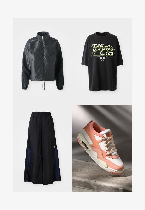 Melna apgriezta jaka ar augstu apkakli, rāvējslēdzēja aizdari, elastīna aprocēm un baltu Nike logo. Gluda, spīdīga auduma ar nedaudz teksturētu virsmu.; Melna kokvilnas T-krekls ar īsām piedurknēm, izceļoties ar zaļo un baltās "Nike Tennis Club" grafiku, tenisa bumbu un raketi attēliem.; Melni plata kāju bikses no viegla auduma, ar tumši zilu sānu paneli un elastīgu jostu. Mazs balts logotips apakšā.; Kedai ar maigu rozā un baltā augšdaļu, strukturētu zamšādas paneļu, mīkstu apkakli un redzamu gaisa vienību papēdī. Krēmbalti zole.
