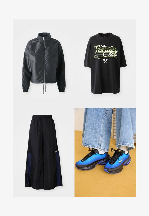 Casaco preto curto com colarinho alto, fecho de zip, punhos em elastano e um logótipo Nike branco. Tecido suave e brilhante com uma superfície ligeiramente texturizada.; T-shirt preta de algodão com mangas curtas, apresentando um gráfico em verde e branco "Nike Tennis Club", ilustrações de bola de ténis e raquete.; Calças largas pretas feitas de tecido leve, com um painel lateral azul-marinho e cintura elástica. Pequeno logótipo branco na parte inferior.; Sapatilhas Nike com um upper em degradê azul, detalhes pretos e logótipo laranja. Forma arredondada, tecido texturizado e sola espessa.