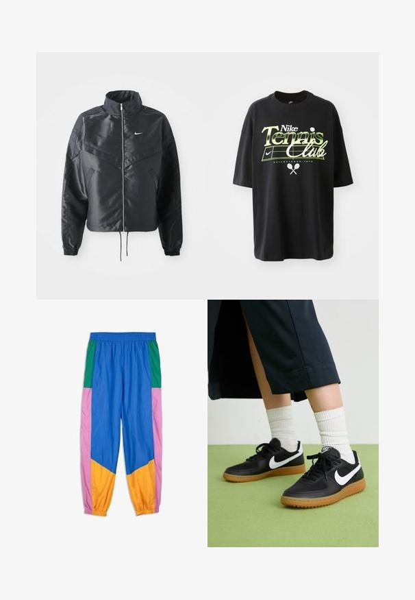 Black cropped jacket with high collar, zip closure, elastane cuffs, and a white Nike logo. Smooth, shiny fabric with a slightly textured surface.; Black cotton t-shirt with short sleeves, featuring green and white "Nike Tennis Club" graphic, tennis ball, and racket illustrations.; Colorful track pants featuring panels in blue, green, pink, and orange. Made from lightweight fabric with an elastic waistband and cuffs.; Black leather and synthetic sneakers with white Nike swoosh, rubber gum sole, round toe, and black laces. Ribbed white socks visible.