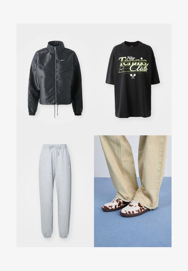 Casaco preto curto com colarinho alto, fecho de zip, punhos em elastano e um logótipo Nike branco. Tecido suave e brilhante com uma superfície ligeiramente texturizada.; T-shirt preta de algodão com mangas curtas, apresentando um gráfico em verde e branco "Nike Tennis Club", ilustrações de bola de ténis e raquete.; Calças de felpa cinza claro feitas de uma mistura suave de algodão, com cintura elástica e cordão, pernas ajustadas e punhos canelados. Detalhe de marcação minimalista.; Ténis com padrão branco e castanho, feitos de malha e couro, com solas de borracha castanha. Combinados com calças largas em bege claro.