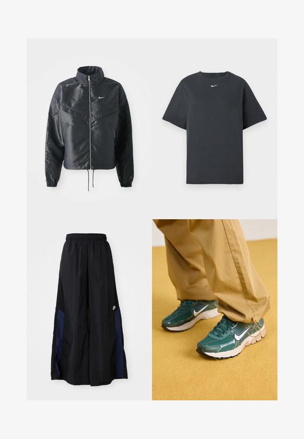 Casaco preto curto com colarinho alto, fecho de zip, punhos em elastano e um logótipo Nike branco. Tecido suave e brilhante com uma superfície ligeiramente texturizada.; T-shirt de algodão preta com decote redondo e mangas curtas. Apresenta um pequeno logótipo da Nike em branco no peito. Corte reto e design casual.; Calças largas pretas feitas de tecido leve, com um painel lateral azul-marinho e cintura elástica. Pequeno logótipo branco na parte inferior.; Ténis em malha verde com detalhes brancos e sola de borracha texturizada. Combinados com calças bege, colocados sobre um fundo amarelo.