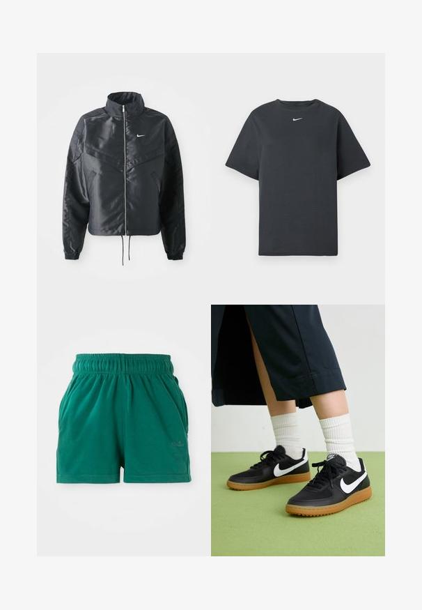 Čierna skrátená bunda s vysokým golierom, zipsovým uzatváraním, elastickými manžetami a bielym logom Nike. Hladká, lesklá tkanina s mierne textúrovaným povrchom.; Čierne bavlnené tričko s okrúhlym výstrihom a krátkymi rukávmi. Na prsiach sa nachádza malé biele logo Nike. Priamy strih a ležérny dizajn.; Zelené voľné šortky s elastickým pásom, bočnými vreckami a jemným logom na prednej pravej nohe.; Čierne kožené a syntetické tenisky so bielym logom Nike, gumenou podrážkou, okrúhlou špičkou a čiernymi šnúrkami. Viditeľné biele pruhované ponožky.