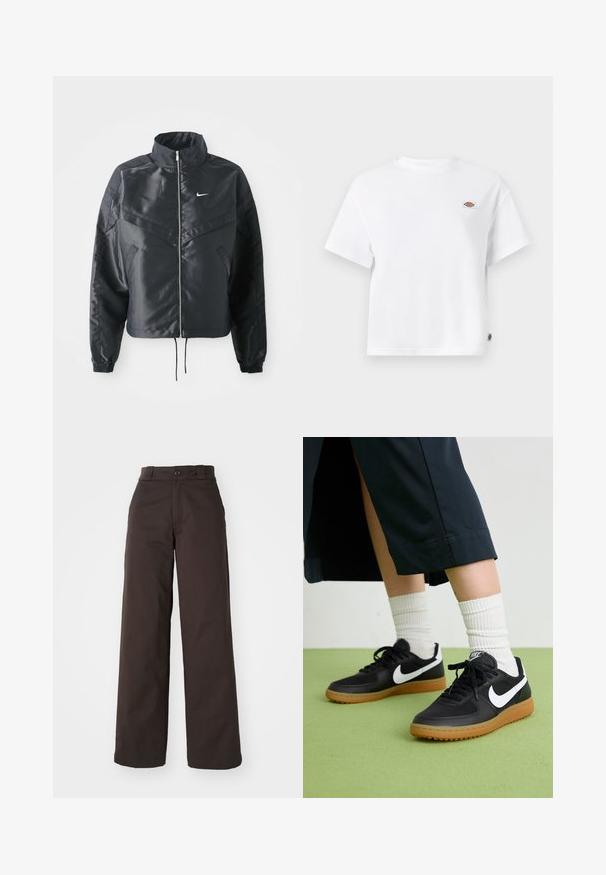 Casaco preto curto com colarinho alto, fecho de zip, punhos em elastano e um logótipo Nike branco. Tecido suave e brilhante com uma superfície ligeiramente texturizada.; T-shirt de algodão branco com um corte relaxado, apresentando um pequeno logótipo na parte do peito e uma etiqueta na lateral para um detalhe adicional.; Calças largas castanhas com fecho de botão e passantes para cinto, feitas de um tecido durável, com uma textura suave e linhas limpas.; Sapatilhas pretas em couro e sintético com o logo da Nike em branco, sola de borracha tipo goma, bico redondo e atacadores pretos. Meias brancas com frunces visíveis.