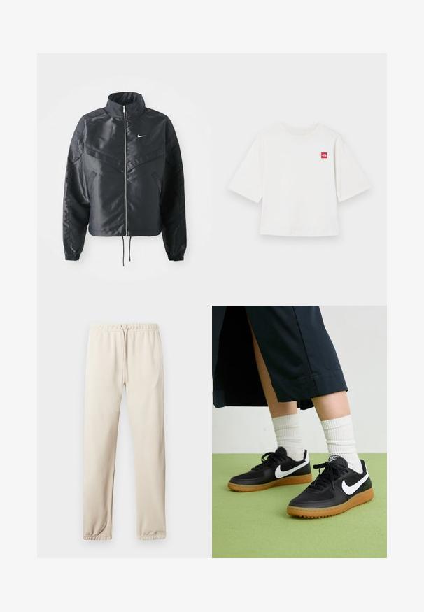 Chaqueta negra corta con cuello alto, cierre de cremallera, puños de elastano y un logo de Nike en blanco. Tejido suave y brillante con una superficie ligeramente texturizada.; Camiseta de manga corta blanca de algodón. Presenta un pequeño logo cuadrado rojo en la parte izquierda del pecho. Corte recto. Textura suave.; Joggers beige claro con cintura elástica, cordón ajustable y tobillos ajustados. Presenta un pequeño logo en el costado. Textura de tela suave.; Zapatillas de cuero negro y sintético con el swoosh blanco de Nike, suela de goma, punta redonda y cordones negros. Calcetines blancos acanalados visibles.