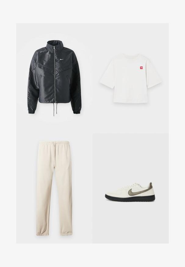 Schwarze, verkürzte Jacke mit hohem Kragen, Reißverschluss, Elastan-Ärmeln und einem weißen Nike-Logo. Glattes, glänzendes Material mit leicht strukturiertem Oberflächeneffekt.; Weißes T-Shirt mit kurzen Ärmeln aus Baumwolle. Mit einem kleinen roten quadratischen Logo auf der linken Brustseite. Gerader Schnitt. Weicher Stoff.; Helle beige Jogginghosen mit elastischem Bund, verstellbarem Kordelzug und Bündchen an den Knöcheln. Mit einem kleinen Logo an der Seite. Weicher Stoff.; Nike Sportswear FIELD GENERAL - Sneaker low - off-white/black