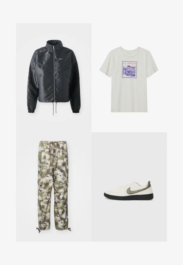 Fekete, rövidített dzseki magas gallérral, cipzáras záródással, elasztikus mandzsettákkal, és fehér Nike logóval. Simább, fényes anyag, enyhén textúrázott felülettel.; Krémszínű pamut póló, lila és narancssárga grafikával egy szállodáról, bélyeg-hoz hasonló keretben. Rövid ujjú, kerek nyakú.; Kamuflázs mintázatú cargo nadrág, zöld és szürke árnyalatokban, elasztikus derékpánttal és húzózsinórral, valamint két oldalsó zsebbel.; Nike Sportswear FIELD GENERAL - Sportcipő - off-white/black
