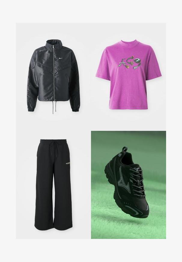 Veste noire courte avec col haut, fermeture éclair, poignets en élasthanne et logo Nike blanc. Tissu lisse et brillant avec une surface légèrement texturée.; T-shirt violet à manches courtes avec un col haut et un design graphique de lettres stylisées "A", "C" et "9" avec des éléments floraux et épineux.; Pantalons de survêtement larges noirs en tissu doux, dotés d'une taille élastique avec cordon de serrage et d'un petit logo sur le côté gauche.; Baskets de sport noires avec une surface texturée, des accents gris et des lacets. Présente un logo de marque bien visible et une semelle rembourrée pour le soutien.