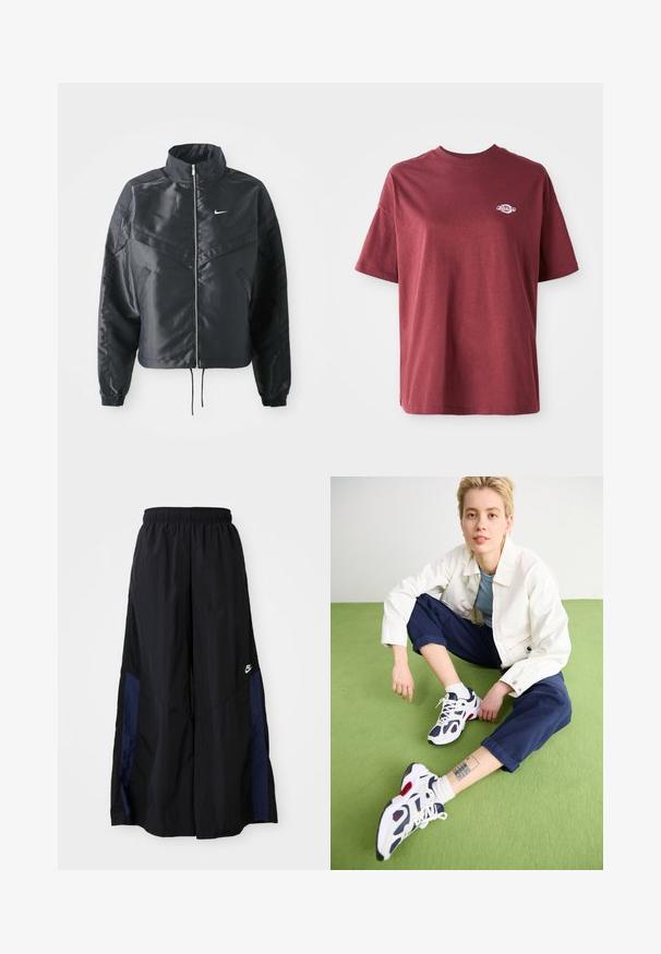 Must kolledžiga must lühike jope, millel on lukuga sulgus, elastne mansett ja valge Nike logo. Sile, läikiv kangas, millel on veidi tekstureeritud pind.; Burgundia puuvillane t-särk, millel on ümar kaelus, lühikesed varrukad ja väike valge logo vasakul rinnal. Sile tekstuur, lõdvestunud istuvus.; Mustad laiad mustad püksid kergest kangast, millel on tumesinine külgpaneel ja elastne vöökoht. Väike valge logo allservas.; Valged tossud tumesiniste aktsentide ja punaste detailide ning tumesiniste lühikeste pükstega ja valge jakiga rohelisel pinnal.