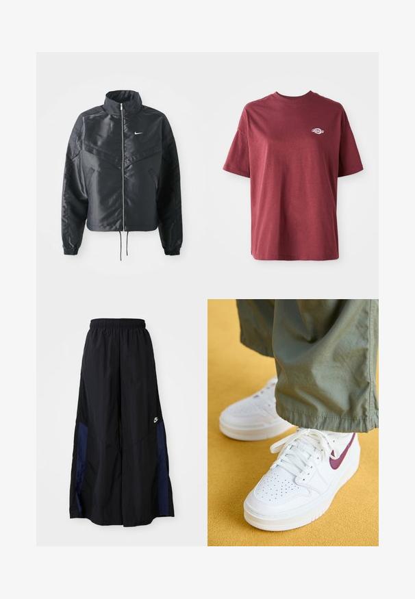 Black cropped jacket with high collar, zip closure, elastane cuffs, and a white Nike logo. Smooth, shiny fabric with a slightly textured surface.; Maroon cotton t-shirt with a crew neckline, short sleeves, and a small white logo on the left chest area. Smooth texture, relaxed fit.; Black wide-leg pants made of lightweight fabric, featuring a navy blue side panel and an elastic waistband. Small white logo on bottom.; Jordan AIR JORDAN 1 ELEVATE - Trainers - white/bordeaux/white onyx