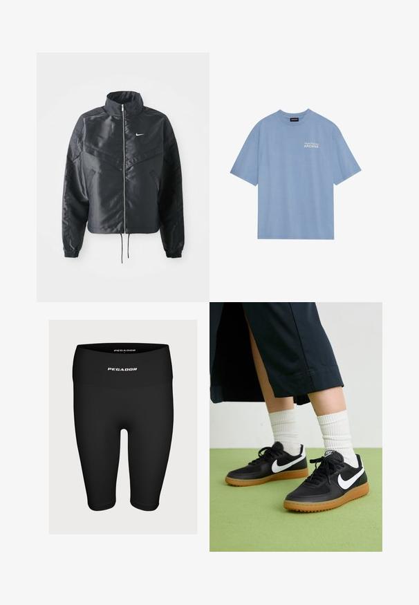 Crna kratka jakna s visokim ovratnikom, zatvaranjem na patentni zatvarač, elastinim rukavima i bijelim Nike logom. Glatka, sjajna tkanina s lagano teksturiranom površinom.; Plava pamučna majica s okruglim izrezom i kratkim rukavima. Ima bijeli natpis "Studio Collection ARCHIVE" na lijevoj strani prsnog koša.; Crne atletske kratke hlače od rastezljivog materijala, sa visokim pojasom i bijelim logotipom "PEGADOR" sprijeda.; Crne kožne i sintetičke tenisice s bijelim Nike swooshom, gumeni potplat, okrugli vrh i crne vezice. Vidljive rebraste bijele čarape.