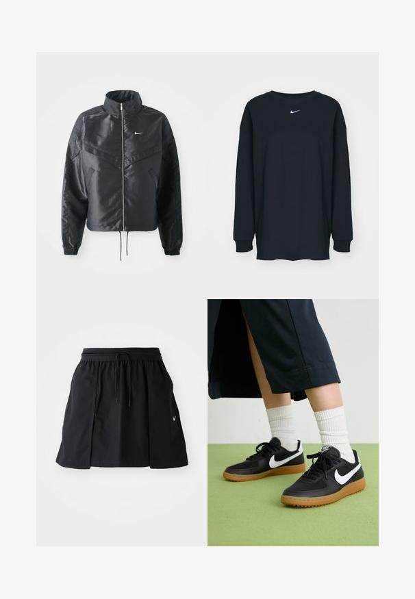 Fekete, rövidített dzseki magas gallérral, cipzáras záródással, elasztikus mandzsettákkal, és fehér Nike logóval. Simább, fényes anyag, enyhén textúrázott felülettel.; Fekete, hosszú ujjú pamut póló kerek nyakkivágással. Fehér Nike logó található a mellrészen. Puha tapintás, egyszerű design.; Fekete sport szoknya rugalmas derékrésszel és állítható zsinórral. Oldalsó részekkel, könnyű anyagból készült, és egy kis logóval az alsó szélén.; Fekete bőr és szintetikus sneakers, fehér Nike logo-val, gumi talppal, kerek orral és fekete fűzővel. Csíkos fehér zokni látható.