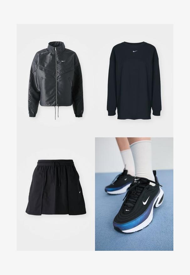 Svart cropped jakke med høy krage, glidelåsåpning, elastiske mansjetter og en hvit Nike-logo. Glatt, shiny stoff med en lett teksturert overflate.; Svart langermet T-skjorte laget av bomull med rund hals. Har en hvit Nike-logo på brystet. Myk tekstur, enkelt design.; Svart sportskjørt med elastisk midje og justerbar snor. Har sidespalter, lett stoff og en liten logo på kanten.; Sorte Nike joggesko med en glatt stoffoverdel, med et gradientdesign fra blått til svart, hvit såle og fremtredende logoaksenter.
