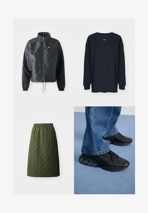 Mustat lyhyet takit, joissa on korkea kaulus, vetoketjukiinnitys, elastaanista valmistetut hihan suut ja valkoinen Nike-logo. Sileä, kiiltävä kangas, jossa on hieman tekstuuria.; Mustapaita, jossa on pitkät hihat ja pyöreä kaula-aukko, valmistettu puuvillasta. Rinnassa valkoinen Nike-logo. Pehmeä rakenne, yksinkertainen muotoilu.; Vihreä tilkkuhame, jossa on joustava vyötärö. Siinä on timanttikuvio, polvimittainen leikkaus ja sileä rakenne.; Mustat urheilukengät, joissa on verkkomateriaali, teksturoituja yksityiskohtia ja näkyvät ilmatyynyllä varustetut pohjat. Yhdistettynä sinisiin farkkuihin.