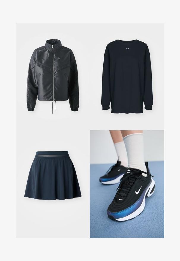 Svart cropped jakke med høy krage, glidelåsåpning, elastiske mansjetter og en hvit Nike-logo. Glatt, shiny stoff med en lett teksturert overflate.; Svart langermet T-skjorte laget av bomull med rund hals. Har en hvit Nike-logo på brystet. Myk tekstur, enkelt design.; Marineblå skaterkort skjørt laget av mykt stoff, med mesh liv, utsvingt silhuett og glatt tekstur med en kant som faller over kneet.; Sorte Nike joggesko med en glatt stoffoverdel, med et gradientdesign fra blått til svart, hvit såle og fremtredende logoaksenter.