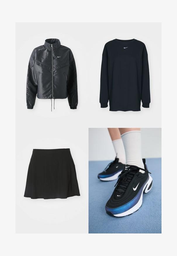 Mustat lyhyet takit, joissa on korkea kaulus, vetoketjukiinnitys, elastaanista valmistetut hihan suut ja valkoinen Nike-logo. Sileä, kiiltävä kangas, jossa on hieman tekstuuria.; Mustapaita, jossa on pitkät hihat ja pyöreä kaula-aukko, valmistettu puuvillasta. Rinnassa valkoinen Nike-logo. Pehmeä rakenne, yksinkertainen muotoilu.; Mustat skeittihameet, jotka on valmistettu pehmeästä kankaasta. Hameessa on liehukamuotoilu, leveä vyötärönauha ja sileä pinta, ei näkyviä kuvioita tai metalliosia.; Mustat Nike-tennarit, joissa on sileä kangaspinta, gradientti sinisestä mustaan -design, valkoinen pohja ja erottuvat logokatkaisijat.