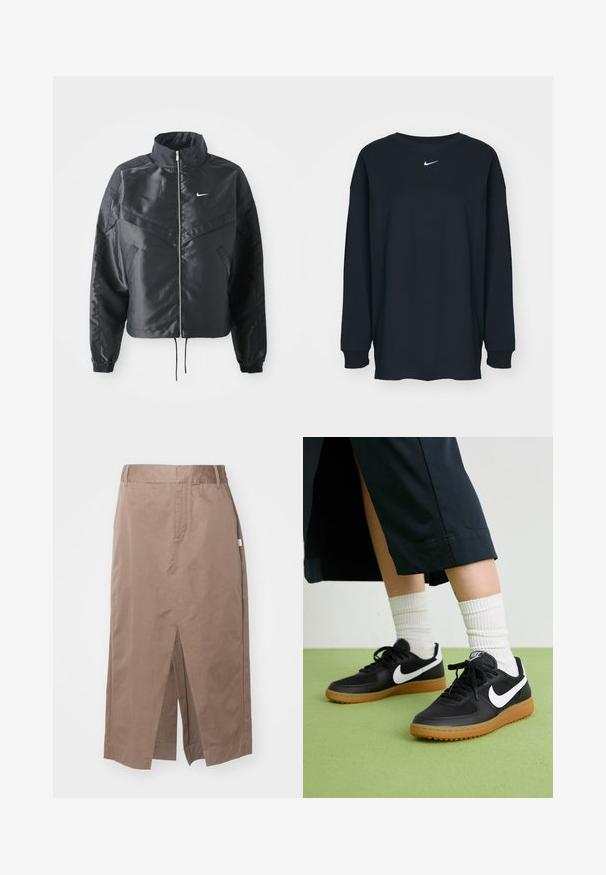 Černá zkrácená bunda s vysokým límcem, zipovým zapínáním, elastickými manžetami a bílým logem Nike. Hladká, lesklá látka s mírně strukturovaným povrchem.; Černé tričko s dlouhým rukávem vyrobené z bavlny s kulatým výstřihem. Na hrudi se nachází bílé logo Nike. Měkká textura, jednoduchý design.; Hnědá bavlněná sukně se strukturovaným designem, se předním rozparkem, bočními kapsami a standardním pasem. Hladká textilie a přizpůsobené švy.; Černé kožené a syntetické tenisky s bílým logem Nike, gumovou podrážkou, kulatou špičkou a černými tkaničkami. Viditelné žebrované bílé ponožky.