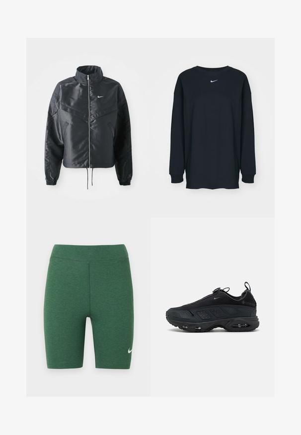 Svart cropped jakke med høy krage, glidelåsåpning, elastiske mansjetter og en hvit Nike-logo. Glatt, shiny stoff med en lett teksturert overflate.; Svart langermet T-skjorte laget av bomull med rund hals. Har en hvit Nike-logo på brystet. Myk tekstur, enkelt design.; Grønne treningsshorts laget av stretchstoff. Høyt liv med flate sømmer og en hvit Nike-logo på nedre venstre ben.; Svarte sneakers med en teksturert mesh-overdel, gummisål og synlig luftdemping. Har stropper og perforerte detaljer for pusteevne.