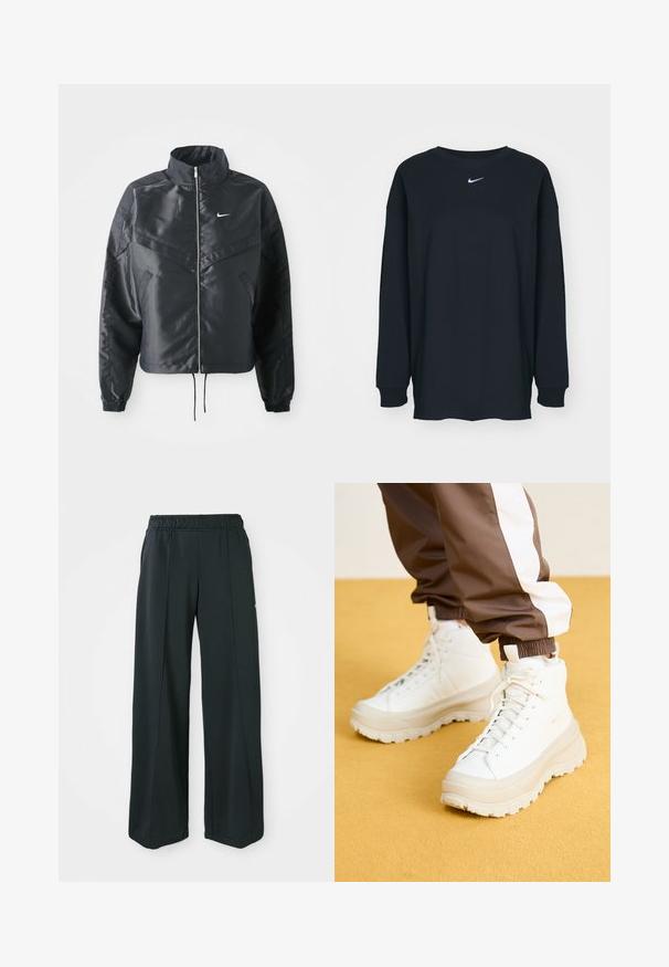 Crna kratka jakna s visokim ovratnikom, zatvaranjem na patentni zatvarač, elastinim rukavima i bijelim Nike logom. Glatka, sjajna tkanina s lagano teksturiranom površinom.; Crna dugih rukava majica od pamuka s okruglim izrezom. Sadrži bijeli Nike logo na prsima. Mekana tekstura, jednostavan dizajn.; Crne široke atletske hlače s elastičnom trakom. Izrađene od glatkog, rastezljivog materijala, s diskretnim prednjim šavovima i bez džepova.; Bijele visoke tenisice s debelim, teksturiranim potplatom, koje imaju glatki gornji dio, okrugli vrh i tonirane vezice, postavljene na žutu pozadinu.