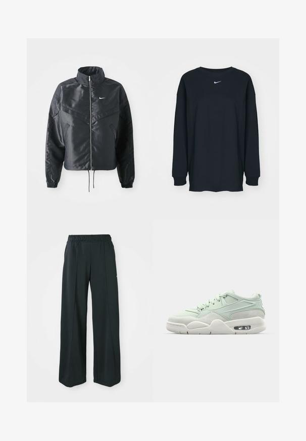 Black cropped jacket with high collar, zip closure, elastane cuffs, and a white Nike logo. Smooth, shiny fabric with a slightly textured surface.; Black long-sleeve T-shirt made of cotton with a crew neckline. Features a white Nike logo on the chest. Soft texture, simple design.; Black, wide-leg athletic pants with an elastic waistband. Made from smooth, stretchy fabric, featuring subtle front seams and no pockets.; Light green sneaker with a mix of smooth leather and suede textures, featuring a padded collar, laces, and visible air cushioning in the sole.
