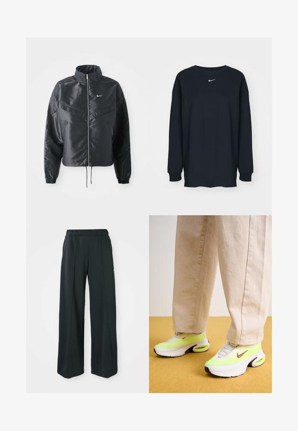 Črna skrajšana jakna z visokim ovratnikom, zadrgo, elastan rokavi in belim logotipom Nike. Gladek, sijoč material z rahlo teksturirano površino.; Črna dolgotrajna majica z dolgimi rokavi iz bombaža z okruglim izrezom. Ima bel Nike logo na prsih. Mehek material, preprost dizajn.; Črne široke športne hlače z elastičnim pasom. Narejene iz gladkega, raztegljivega materiala, z diskretno sprednjo šivanko in brez žepov.; Nike Sportswear AIR MAX PORTAL - Športni copati - summit white/bright crimson/white/volt/black