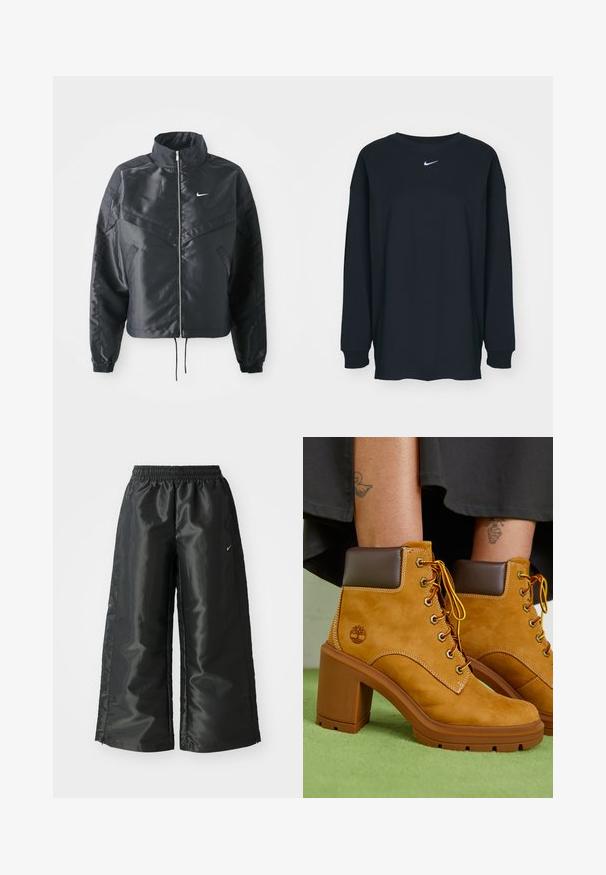 Čierna skrátená bunda s vysokým golierom, zipsovým uzatváraním, elastickými manžetami a bielym logom Nike. Hladká, lesklá tkanina s mierne textúrovaným povrchom.; Čierne tričko s dlhým rukávom z bavlny, s okrúhlym výstrihom. Na hrudi sa nachádza biele logo Nike. Jemná textúra, jednoduchý dizajn.; Čierne športové nohavice s lesklým, hladkým materiálom, ktoré majú elastický pás, široké nohavice a malé logo na ľavej strane.; Béžové semišové členkové čižmy s hnedým golierom, zlatými očkami a žltými šnúrkami. Hrubý hnedý podpätok a detail loga na boku.
