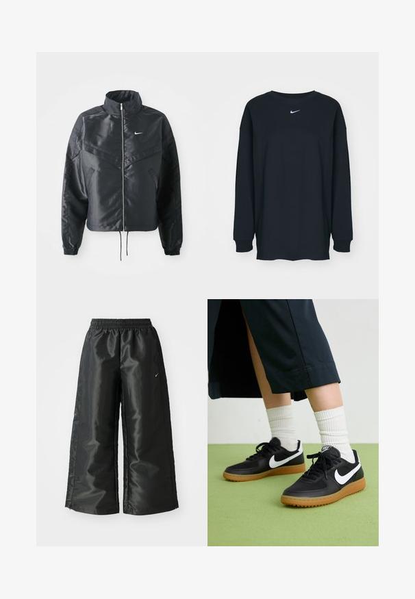 Casaco preto curto com colarinho alto, fecho de zip, punhos em elastano e um logótipo Nike branco. Tecido suave e brilhante com uma superfície ligeiramente texturizada.; Camisola preta de mangas longas feita de algodão com decote redondo. Apresenta um logótipo branco da Nike no peito. Textura suave, design simples.; Calças atléticas pretas com um tecido brilhante e suave, apresentando uma cintura elástica, pernas largas e um pequeno logotipo do lado esquerdo.; Sapatilhas pretas em couro e sintético com o logo da Nike em branco, sola de borracha tipo goma, bico redondo e atacadores pretos. Meias brancas com frunces visíveis.