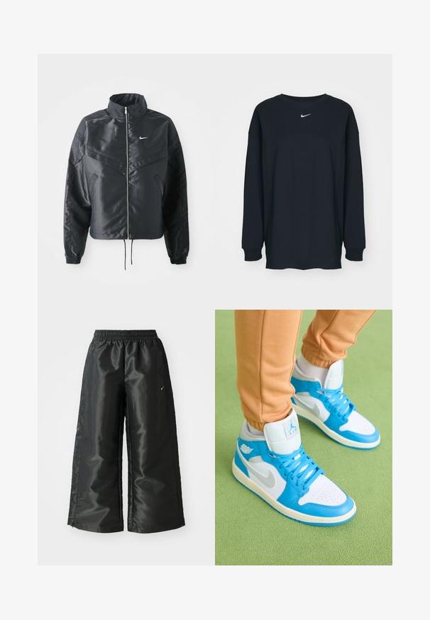 Fekete, rövidített dzseki magas gallérral, cipzáras záródással, elasztikus mandzsettákkal, és fehér Nike logóval. Simább, fényes anyag, enyhén textúrázott felülettel.; Fekete, hosszú ujjú pamut póló kerek nyakkivágással. Fehér Nike logó található a mellrészen. Puha tapintás, egyszerű design.; Fekete sportnadrág fényes, sima anyagból, rugalmas derékkal, széles lábakkal és egy kis logóval a bal oldalon.; Kék és fehér, magas szárú sneaker, sima bőrből és hálós anyagból. Perforált orr-rész, élénk kék kiemelések és logós részlet jellemzi.