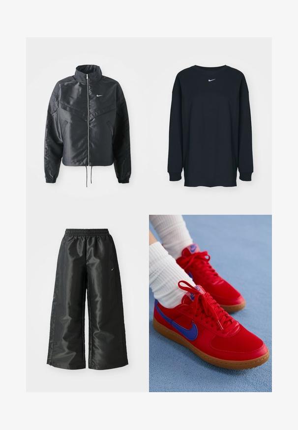Casaco preto curto com colarinho alto, fecho de zip, punhos em elastano e um logótipo Nike branco. Tecido suave e brilhante com uma superfície ligeiramente texturizada.; Camisola preta de mangas longas feita de algodão com decote redondo. Apresenta um logótipo branco da Nike no peito. Textura suave, design simples.; Calças atléticas pretas com um tecido brilhante e suave, apresentando uma cintura elástica, pernas largas e um pequeno logotipo do lado esquerdo.; Tênis atléticos vermelhos feitos de material sintético com detalhes azuis e sola de borracha. Apresenta cadarços e um logótipo na lingueta.