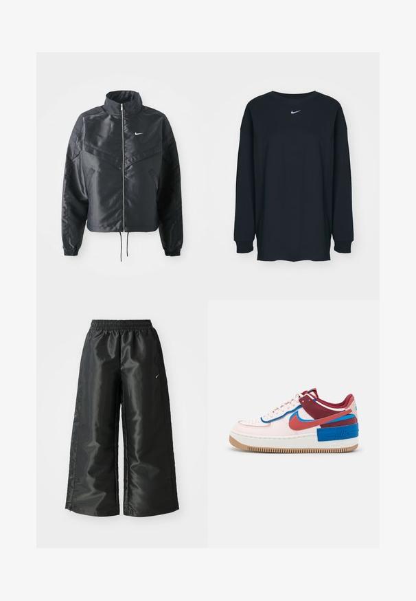 Čierna skrátená bunda s vysokým golierom, zipsovým uzatváraním, elastickými manžetami a bielym logom Nike. Hladká, lesklá tkanina s mierne textúrovaným povrchom.; Čierne tričko s dlhým rukávom z bavlny, s okrúhlym výstrihom. Na hrudi sa nachádza biele logo Nike. Jemná textúra, jednoduchý dizajn.; Čierne športové nohavice s lesklým, hladkým materiálom, ktoré majú elastický pás, široké nohavice a malé logo na ľavej strane.; Nike Sportswear AF1 SHADOW - Tenisky - light soft pink/canyon rust/fossil stone/team red/photo blue/blue jay