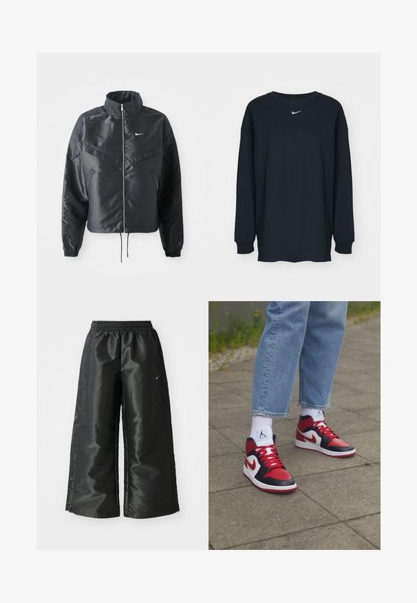 Casaco preto curto com colarinho alto, fecho de zip, punhos em elastano e um logótipo Nike branco. Tecido suave e brilhante com uma superfície ligeiramente texturizada.; Camisola preta de mangas longas feita de algodão com decote redondo. Apresenta um logótipo branco da Nike no peito. Textura suave, design simples.; Calças atléticas pretas com um tecido brilhante e suave, apresentando uma cintura elástica, pernas largas e um pequeno logotipo do lado esquerdo.; Jordan AIR JORDAN 1 MID - Sapatilhas de cano alto - black/gym red/white