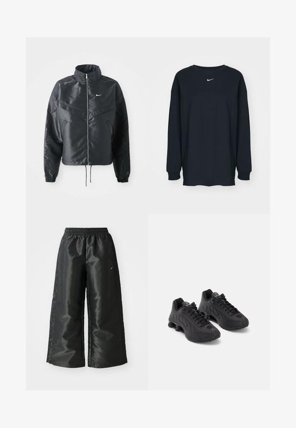 Must kolledžiga must lühike jope, millel on lukuga sulgus, elastne mansett ja valge Nike logo. Sile, läikiv kangas, millel on veidi tekstureeritud pind.; Must have pikkade varrukatega must T-särk, mis on valmistatud puuvillast ja millel on ümar kaelus. Rinnal on valge Nike logo. Pehme tekstuur, lihtne disain.; Mustad mustad sportsipüksid läikiva, siledaga kangaga, pa elastse vöökoha, laia sääre ja väikese logoga vasakul küljel.; Mustad mustrinjalatsid sujuva sünteetilise pealsega, tekstuursete detailidega, paeltega kinnitussüsteem ja nähtav kevadresistav cushioning kontsas.