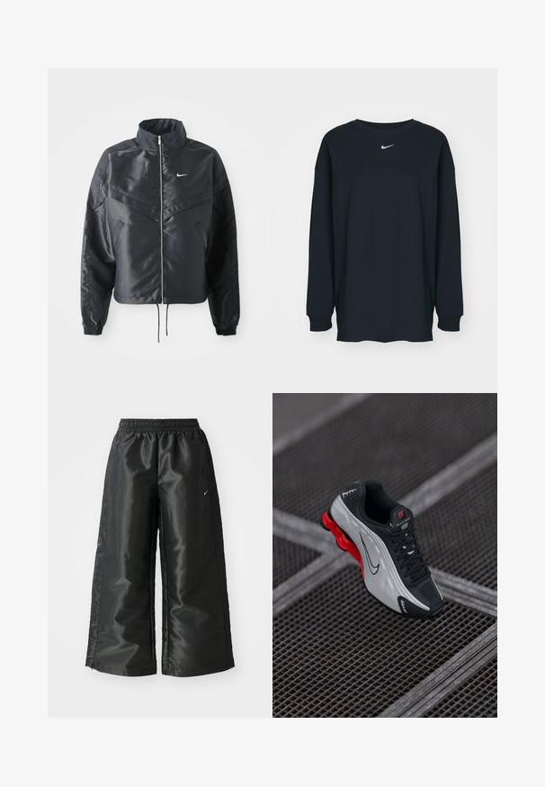 Melna apgriezta jaka ar augstu apkakli, rāvējslēdzēja aizdari, elastīna aprocēm un baltu Nike logo. Gluda, spīdīga auduma ar nedaudz teksturētu virsmu.; Melnas garajām piedurknēm T-krekls no kokvilnas ar apaļu kakla izgriezumu. Uz krūtīm ir balts Nike logo. Mīksta tekstūra, vienkāršs dizains.; Melnas sporta bikses ar spīdīgu, gludu audumu, aprīkotas ar elastīgu jostu, platām kājām un mazu logotipu kreisajā pusē.; Melna un pelēka sporta apava ar sarkanu polsterētu zoli, melnām auklām un Swoosh logotipu, kas atrodas uz metāla režģa virsmas.