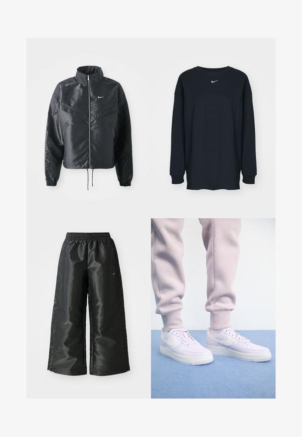 Fekete, rövidített dzseki magas gallérral, cipzáras záródással, elasztikus mandzsettákkal, és fehér Nike logóval. Simább, fényes anyag, enyhén textúrázott felülettel.; Fekete, hosszú ujjú pamut póló kerek nyakkivágással. Fehér Nike logó található a mellrészen. Puha tapintás, egyszerű design.; Fekete sportnadrág fényes, sima anyagból, rugalmas derékkal, széles lábakkal és egy kis logóval a bal oldalon.; Nike Sportswear AIR FORCE 1 - Sportcipő - barely grape/sail/volt/black