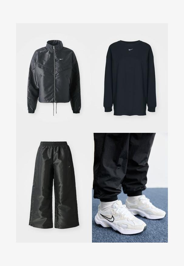 Mustat lyhyet takit, joissa on korkea kaulus, vetoketjukiinnitys, elastaanista valmistetut hihan suut ja valkoinen Nike-logo. Sileä, kiiltävä kangas, jossa on hieman tekstuuria.; Mustapaita, jossa on pitkät hihat ja pyöreä kaula-aukko, valmistettu puuvillasta. Rinnassa valkoinen Nike-logo. Pehmeä rakenne, yksinkertainen muotoilu.; Mustat urheiluhaut, joissa on kiiltävä ja sileä kangas, elastinen vyötärö, leveät lahkeet ja pieni logo vasemmalla puolella.; Valkoiset ja vaaleanharmaat urheilukengät, joissa on teksturoitu päällinen, paksu pohja ja musta swoosh-logo. Yhdistetty mustiin jogging-housuihin ja valkoisiin sukkiin.