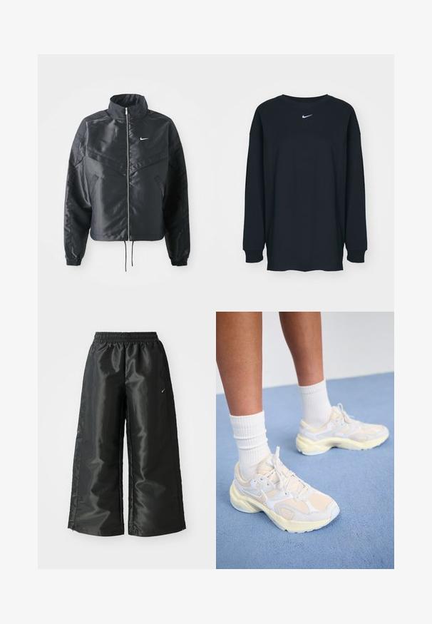 Casaco preto curto com colarinho alto, fecho de zip, punhos em elastano e um logótipo Nike branco. Tecido suave e brilhante com uma superfície ligeiramente texturizada.; Camisola preta de mangas longas feita de algodão com decote redondo. Apresenta um logótipo branco da Nike no peito. Textura suave, design simples.; Calças atléticas pretas com um tecido brilhante e suave, apresentando uma cintura elástica, pernas largas e um pequeno logotipo do lado esquerdo.; Sapatilhas atléticas elegantes em amarelo claro e branco, com materiais de malha e sintéticos, de forma arredondada e solas texturizadas.