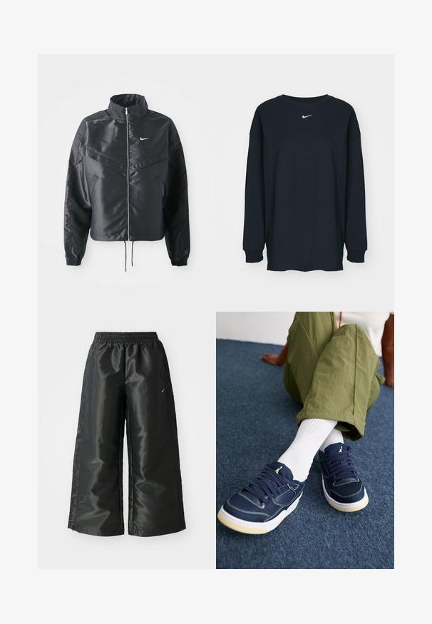 Must kolledžiga must lühike jope, millel on lukuga sulgus, elastne mansett ja valge Nike logo. Sile, läikiv kangas, millel on veidi tekstureeritud pind.; Must have pikkade varrukatega must T-särk, mis on valmistatud puuvillast ja millel on ümar kaelus. Rinnal on valge Nike logo. Pehme tekstuur, lihtne disain.; Mustad mustad sportsipüksid läikiva, siledaga kangaga, pa elastse vöökoha, laia sääre ja väikese logoga vasakul küljel.; Inimene, kes kannab rohelisi pükse, valgeid lühikesi sokke ja tumedat sinist jalatsit valgete talladega, istub tumesinisel vaibal.