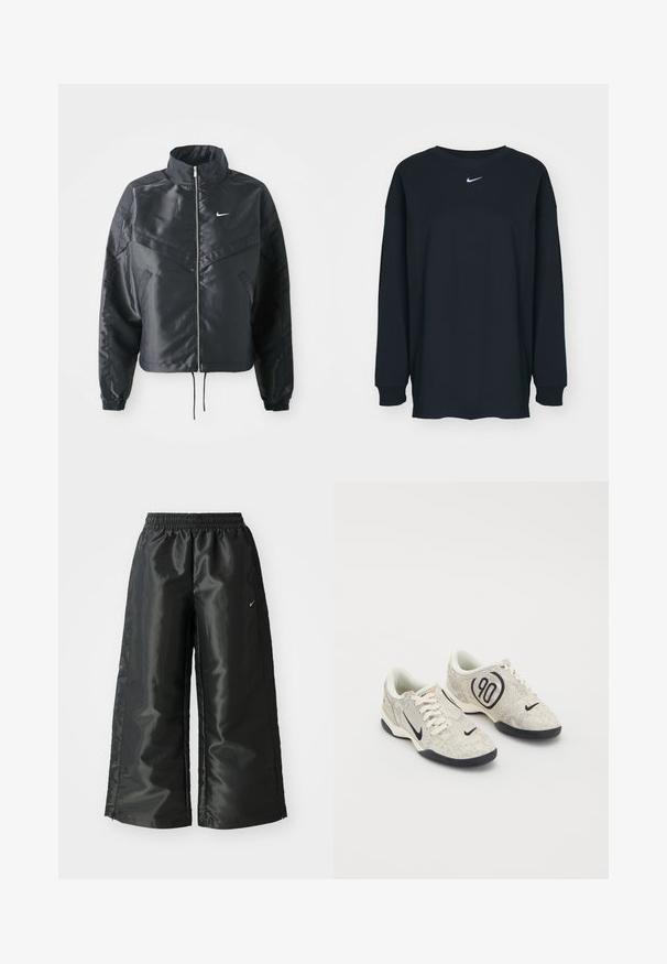 Chaqueta negra corta con cuello alto, cierre de cremallera, puños de elastano y un logo de Nike en blanco. Tejido suave y brillante con una superficie ligeramente texturizada.; Camiseta negra de manga larga hecha de algodón con cuello redondo. Presenta un logo blanco de Nike en el pecho. Textura suave, diseño sencillo.; Pantalones deportivos negros de tejido brillante y suave, con una cinturilla elástica, pierna ancha y un pequeño logo en el lado izquierdo.; Zapatillas Nike con un upper texturizado en beige y gris, acentos negros, un gran logo de "90" y un cierre de cordones blancos. Suela negra.