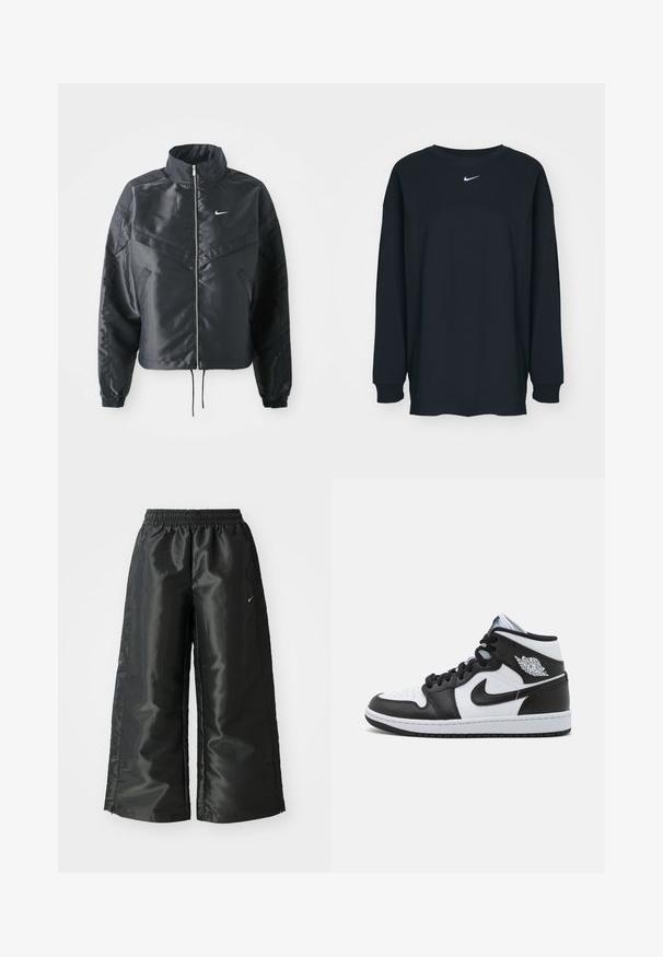 Svart cropped jakke med høy krage, glidelåsåpning, elastiske mansjetter og en hvit Nike-logo. Glatt, shiny stoff med en lett teksturert overflate.; Svart langermet T-skjorte laget av bomull med rund hals. Har en hvit Nike-logo på brystet. Myk tekstur, enkelt design.; Svarte treningsbukser med en blank, glatt stoff, som har et elastisk liv, vide ben og en liten logo på venstre side.; Høye basketballsko i svart og hvitt skinn, med perforeringer på tåboksen, en Nike swoosh, og en vinge-logo på ankelen.
