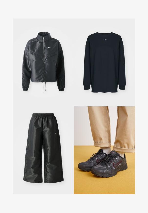 Svart cropped jakke med høy krage, glidelåsåpning, elastiske mansjetter og en hvit Nike-logo. Glatt, shiny stoff med en lett teksturert overflate.; Svart langermet T-skjorte laget av bomull med rund hals. Har en hvit Nike-logo på brystet. Myk tekstur, enkelt design.; Svarte treningsbukser med en blank, glatt stoff, som har et elastisk liv, vide ben og en liten logo på venstre side.; Sorte sportssko med røde detaljer, med et teksturert design, robust såle og snøring. Bært med beige bukser og hvite sokker.