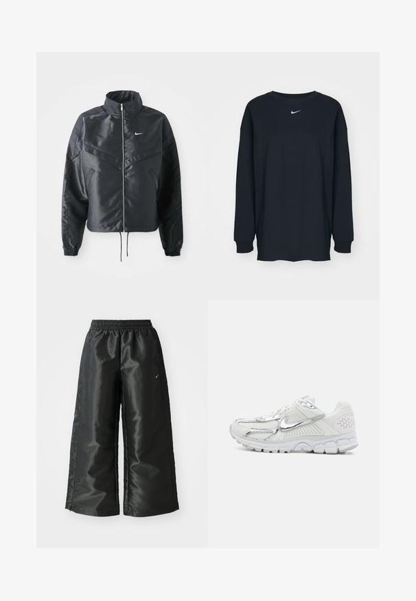 Juoda trumpa striukė su aukštu coloru, užtrauktuku, elastaniniu rankogaliu ir balta Nike logotipu. Lygus, blizgus audinys su šiek tiek tekstūruotu paviršiumi.; Juodas ilgam rankovėms marškinėlis, pagamintas iš medvilnės, su apvalia iškirpte. Krūtinėje yra baltas Nike logotipas. Minkšta tekstūra, paprastas dizainas.; Juodi sportiniai džinsai su blizgia, lygaus audinio medžiaga, turintys elastingą juosmenį, plačias kojų dalis ir mažą logotipą kairėje pusėje.; Baltos sportinės bateliai su sidabro akcentais, tinklinio viršus, tekstūruotos šalys, paminkštintas padas ir išskirtinis raštas nugaroje.