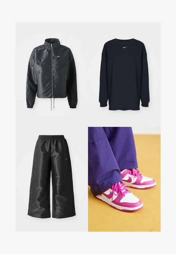Mustat lyhyet takit, joissa on korkea kaulus, vetoketjukiinnitys, elastaanista valmistetut hihan suut ja valkoinen Nike-logo. Sileä, kiiltävä kangas, jossa on hieman tekstuuria.; Mustapaita, jossa on pitkät hihat ja pyöreä kaula-aukko, valmistettu puuvillasta. Rinnassa valkoinen Nike-logo. Pehmeä rakenne, yksinkertainen muotoilu.; Mustat urheiluhaut, joissa on kiiltävä ja sileä kangas, elastinen vyötärö, leveät lahkeet ja pieni logo vasemmalla puolella.; Nike Dunk kengät, joissa on valkoinen nahka yläosa ja vaaleanpunaiset nahka yksityiskohdat. Ominaisuuksiin kuuluvat pyöreä kärki, rei’itykset ja litteät vaaleanpunaiset nauhat.