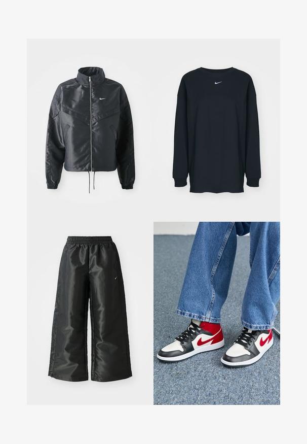 Must kolledžiga must lühike jope, millel on lukuga sulgus, elastne mansett ja valge Nike logo. Sile, läikiv kangas, millel on veidi tekstureeritud pind.; Must have pikkade varrukatega must T-särk, mis on valmistatud puuvillast ja millel on ümar kaelus. Rinnal on valge Nike logo. Pehme tekstuur, lihtne disain.; Mustad mustad sportsipüksid läikiva, siledaga kangaga, pa elastse vöökoha, laia sääre ja väikese logoga vasakul küljel.; Mustad, valged ja punased kõrged tossud, millel on sile nahk, ümar varvas ja kontrastne Swoosh logo. Kombineeritud laia teksapükstega.