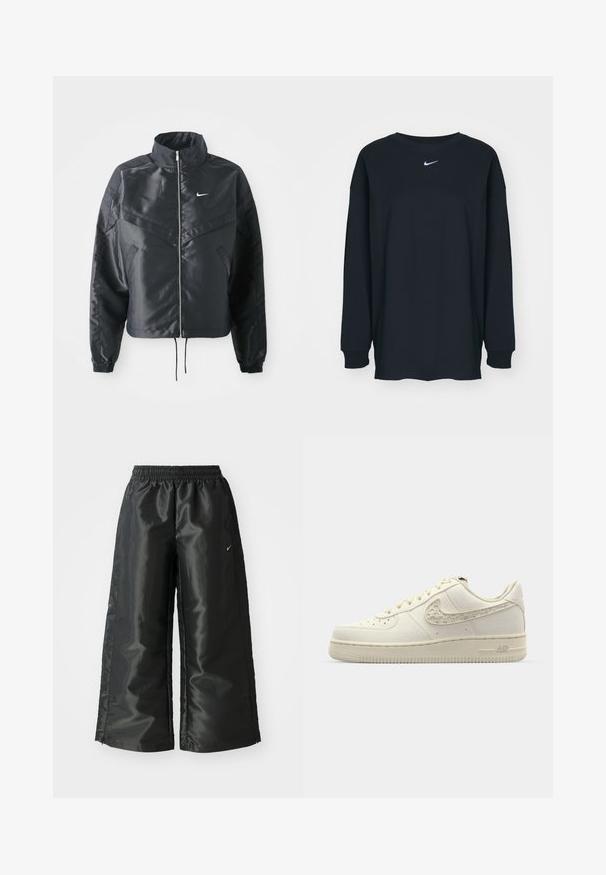Black cropped jacket with high collar, zip closure, elastane cuffs, and a white Nike logo. Smooth, shiny fabric with a slightly textured surface.; Black long-sleeve T-shirt made of cotton with a crew neckline. Features a white Nike logo on the chest. Soft texture, simple design.; Black athletic pants with a shiny, smooth fabric, featuring an elastic waistband, wide legs, and a small logo on the left side.; Nike Air Force 1 sneakers in off-white canvas, featuring a textured swoosh, round toe, flat laces, and a patterned rubber sole.