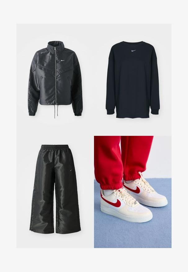 Fekete, rövidített dzseki magas gallérral, cipzáras záródással, elasztikus mandzsettákkal, és fehér Nike logóval. Simább, fényes anyag, enyhén textúrázott felülettel.; Fekete, hosszú ujjú pamut póló kerek nyakkivágással. Fehér Nike logó található a mellrészen. Puha tapintás, egyszerű design.; Fekete sportnadrág fényes, sima anyagból, rugalmas derékkal, széles lábakkal és egy kis logóval a bal oldalon.; Fehér és krémszínű bőr Nike Air Force 1 sportcipők, piros részletekkel és perforációkkal, egy texturált kék felületen elhelyezve.