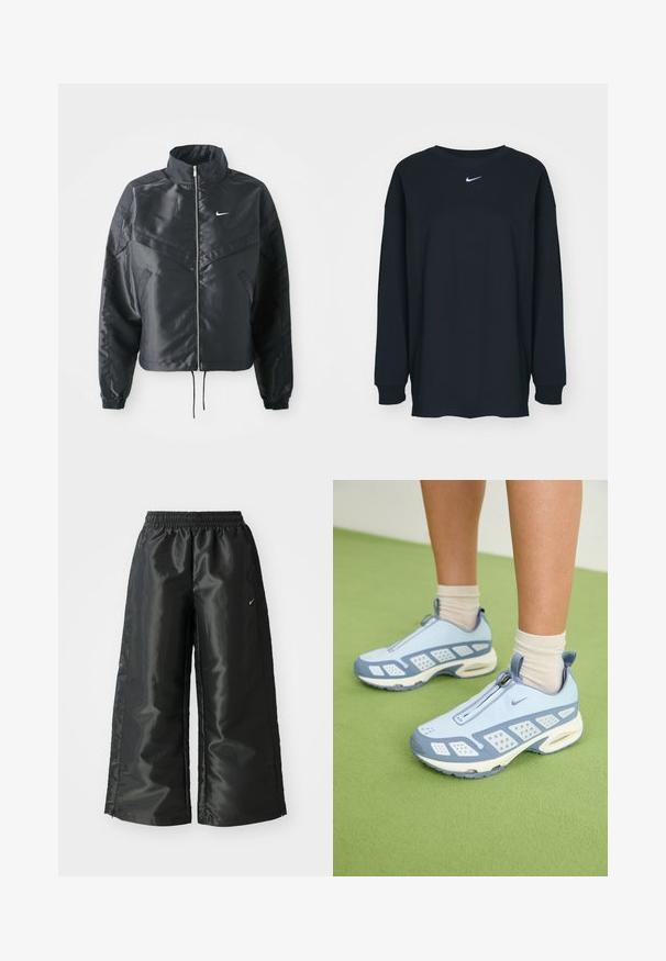 Čierna skrátená bunda s vysokým golierom, zipsovým uzatváraním, elastickými manžetami a bielym logom Nike. Hladká, lesklá tkanina s mierne textúrovaným povrchom.; Čierne tričko s dlhým rukávom z bavlny, s okrúhlym výstrihom. Na hrudi sa nachádza biele logo Nike. Jemná textúra, jednoduchý dizajn.; Čierne športové nohavice s lesklým, hladkým materiálom, ktoré majú elastický pás, široké nohavice a malé logo na ľavej strane.; Svetlo modré športové topánky s bielymi akcentmi, textúrovanými panelmi a zipsovým uzáverom. Obsahujú viditeľnú vzduchovú tlmiacu podrážku a gumovú podrážku.