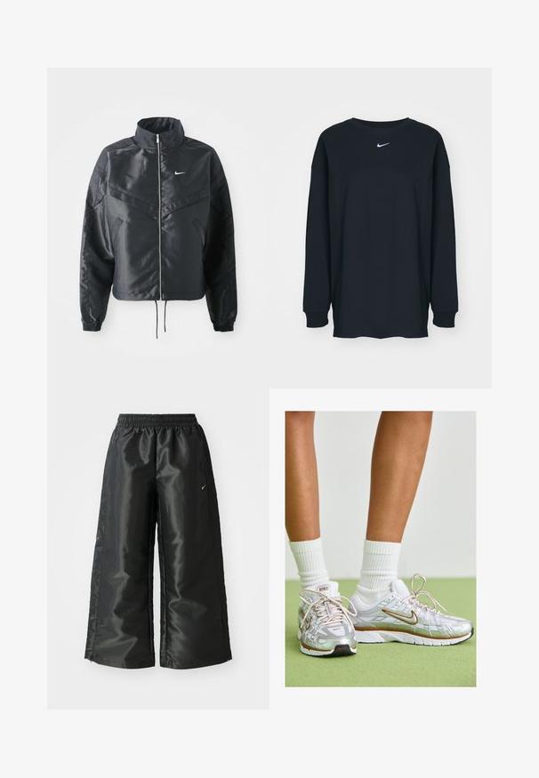 Casaco preto curto com colarinho alto, fecho de zip, punhos em elastano e um logótipo Nike branco. Tecido suave e brilhante com uma superfície ligeiramente texturizada.; Camisola preta de mangas longas feita de algodão com decote redondo. Apresenta um logótipo branco da Nike no peito. Textura suave, design simples.; Calças atléticas pretas com um tecido brilhante e suave, apresentando uma cintura elástica, pernas largas e um pequeno logotipo do lado esquerdo.; Tênis atléticos prateados com detalhes em branco e dourado, apresentando um upper em malha, sola de borracha e um acabamento reflexivo. Meias visíveis acima do tornozelo.