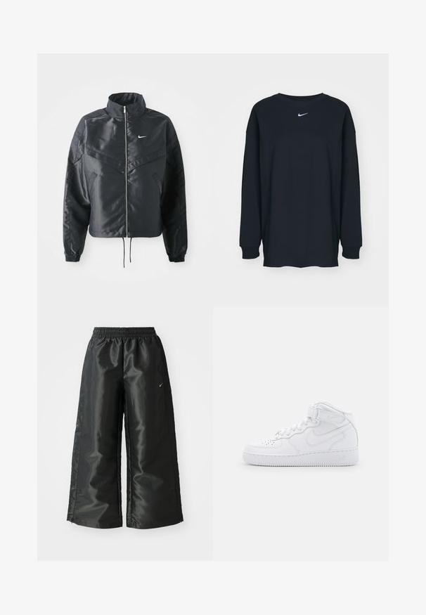 Black cropped jacket with high collar, zip closure, elastane cuffs, and a white Nike logo. Smooth, shiny fabric with a slightly textured surface.; Black long-sleeve T-shirt made of cotton with a crew neckline. Features a white Nike logo on the chest. Soft texture, simple design.; Black athletic pants with a shiny, smooth fabric, featuring an elastic waistband, wide legs, and a small logo on the left side.; White high-top sneakers made of leather with a padded collar, perforated toe, laces, and adjustable ankle strap; logo on the side.